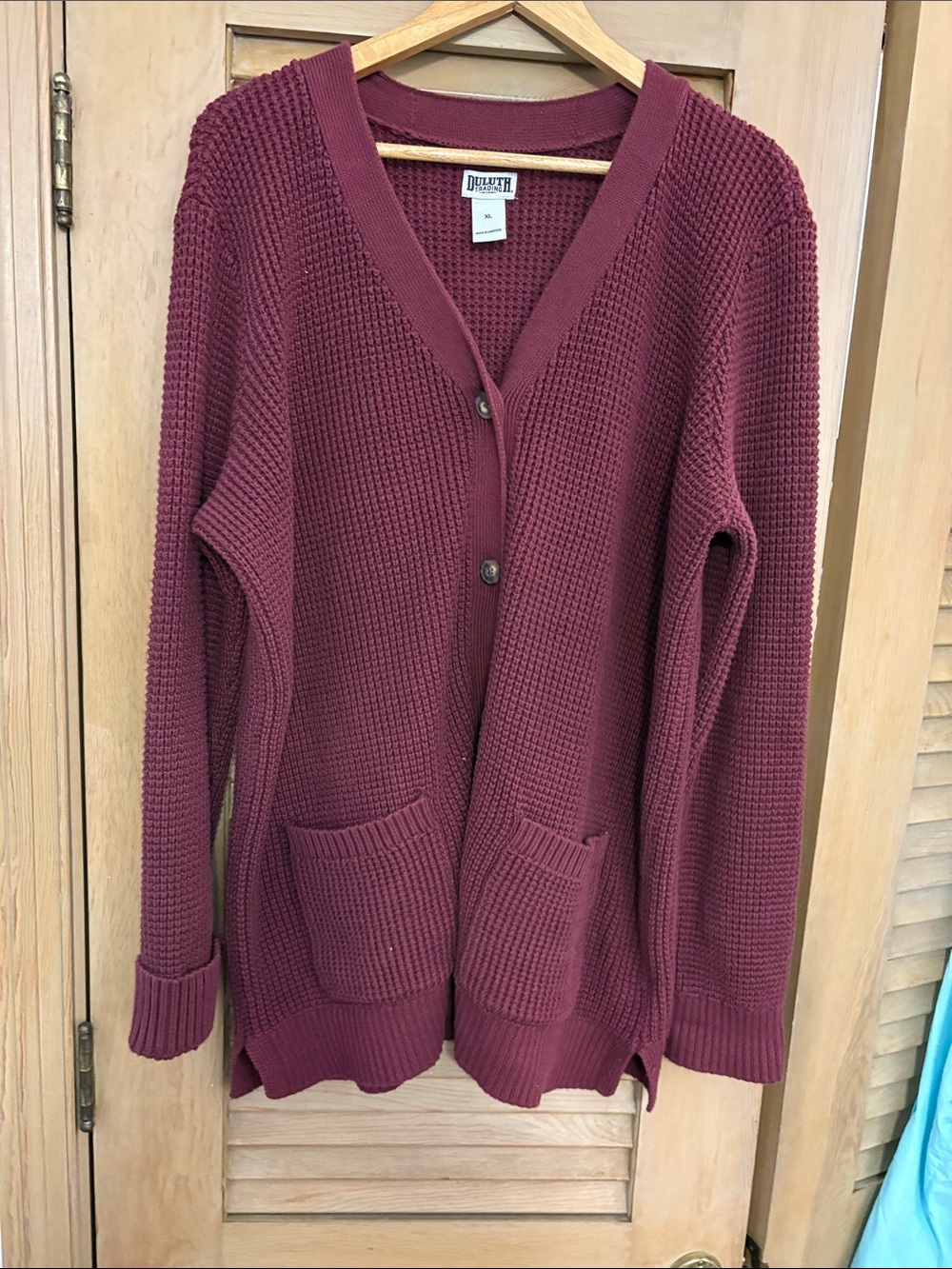 Duluth Trading Co Mauve-Burgundy Waffle Knit V-Neck Cardigan